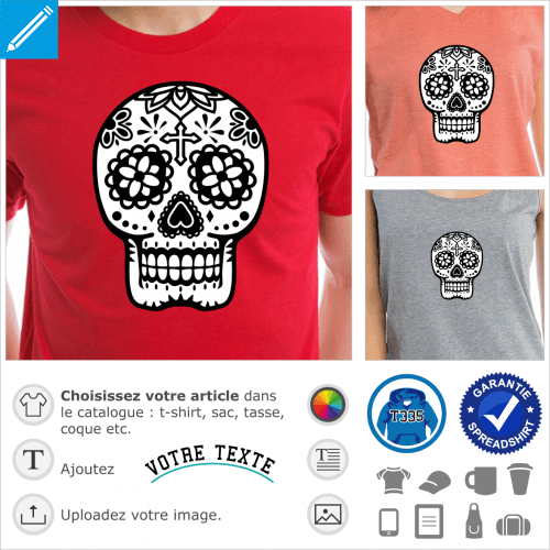 T-shirt tête de mort mexicaine. Tête de mort Mexique à fleurs