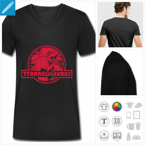 t-shirt noir dinosaure personnalisable, impression  l'unit